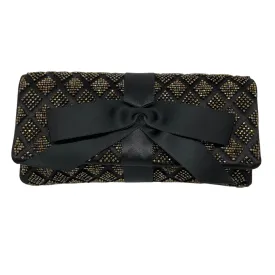 Chanel Black Beaded Ribbon Bow Satin Clutch Handbag